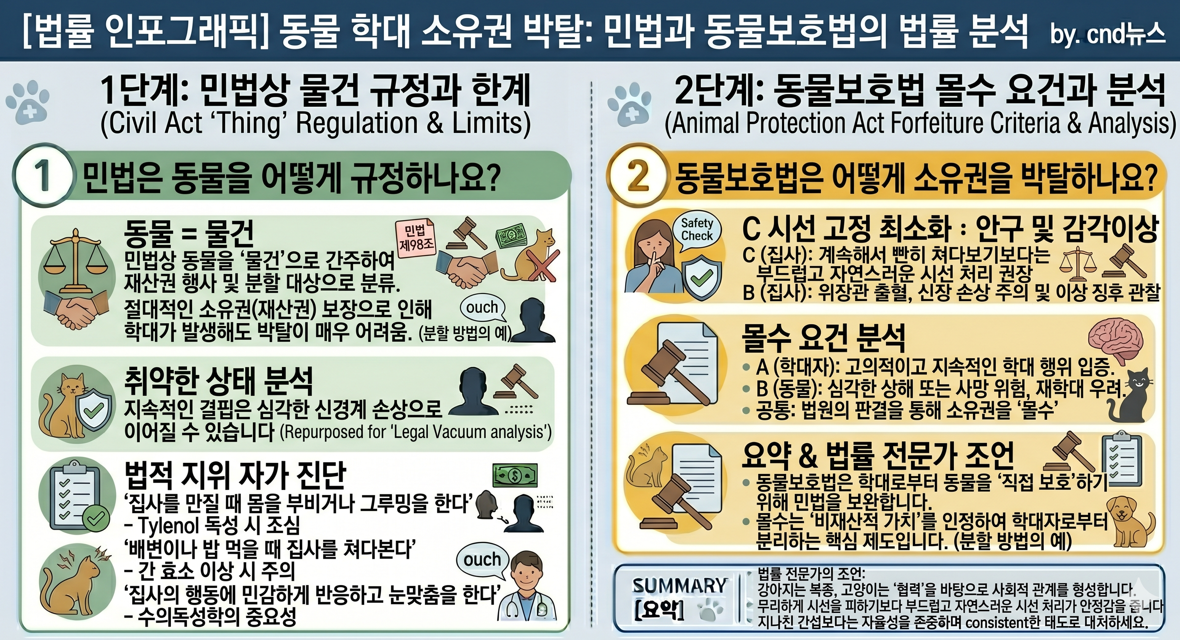 동물 학대 소유권 박탈 민법 물건 규정과 동물보호법 몰수 요건 법률 분석 인포그래픽"