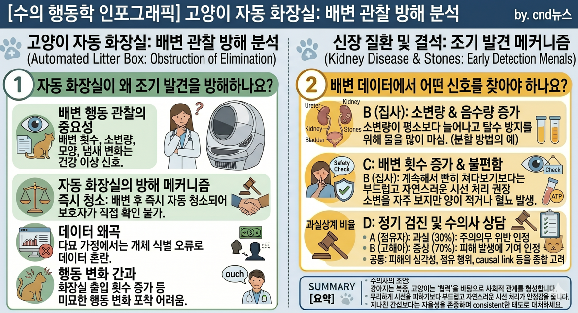 고양이 자동 화장실 배변 관찰 방해와 신장 질환 결석 조기 발견 메커니즘 분석 인포그래픽