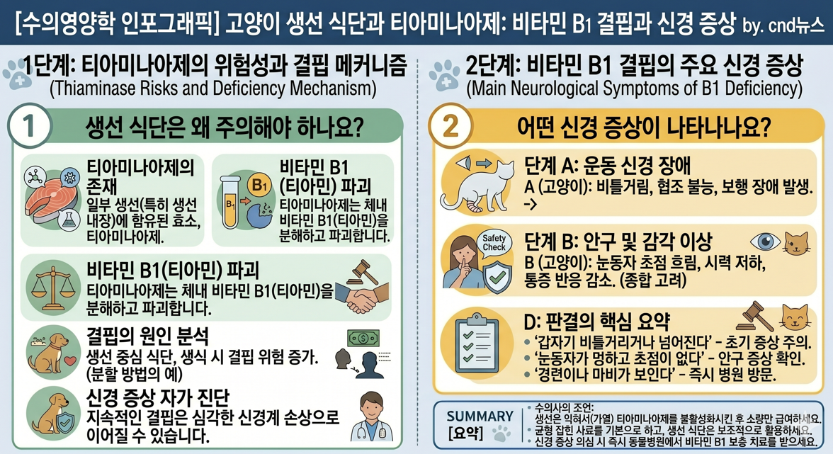 고양이 생선 식단 티아미나아제 비타민 B1 결핍 신경 증상 수의영양학 인포그래픽