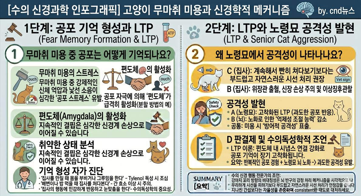 고양이 무마취 미용 중 편도체 LTP 공포 기억 형성과 노령묘 공격성 발현 경로 신경과학 인포그래픽