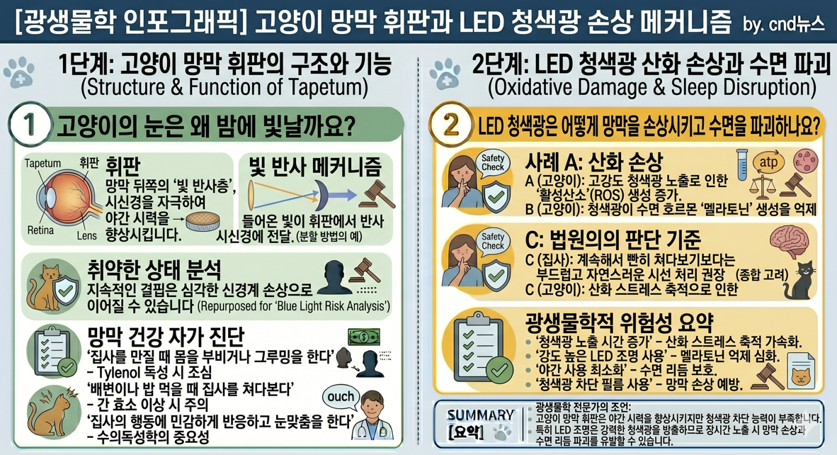 고양이 망막 휘판 구조와 LED 청색광 산화 손상 메커니즘 수면 리듬 파괴 광생물학 인포그래픽