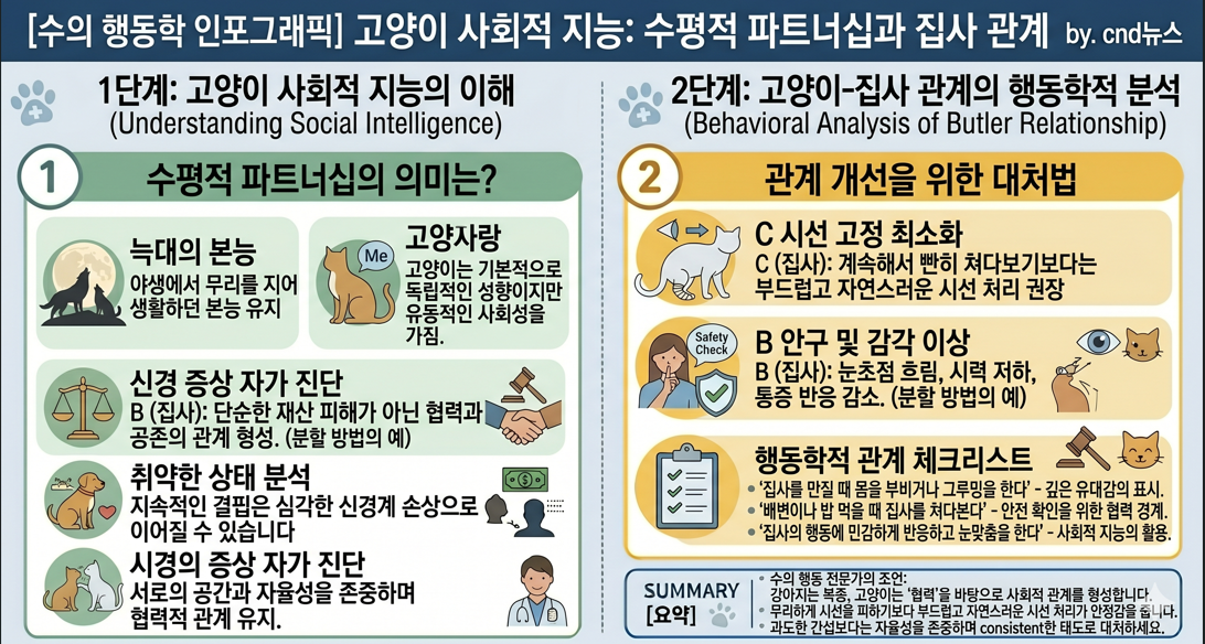 고양이 사회적 지능 수평적 파트너십과 집사 관계 행동학 인포그래픽