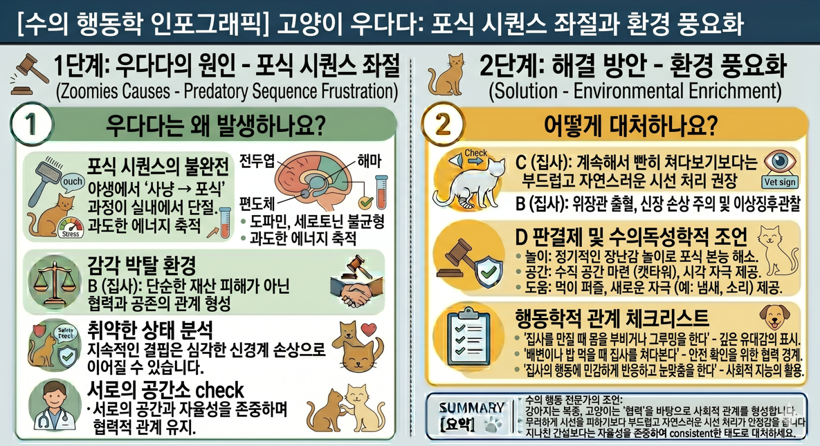 고양이 우다다 포식 시퀀스 좌절과 감각 박탈 환경 풍요화 동물행동학 인포그래