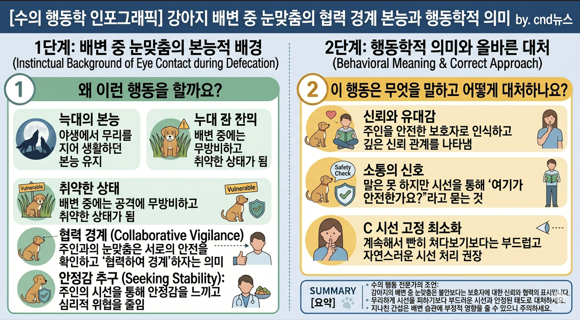 강아지 배변 중 눈맞춤의 협력 경계 본능과 행동학적 의미 인포그래픽