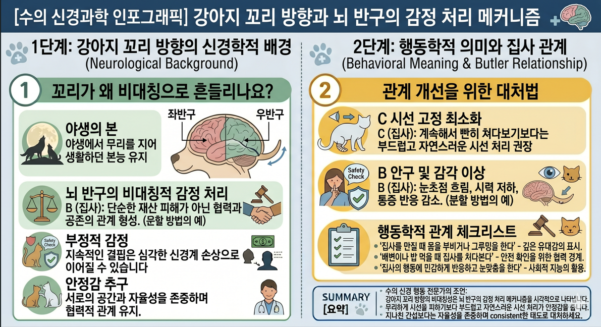 강아지 꼬리 방향 좌우 비대칭과 뇌 반구 감정 처리 메커니즘 신경과학 인포그래픽
