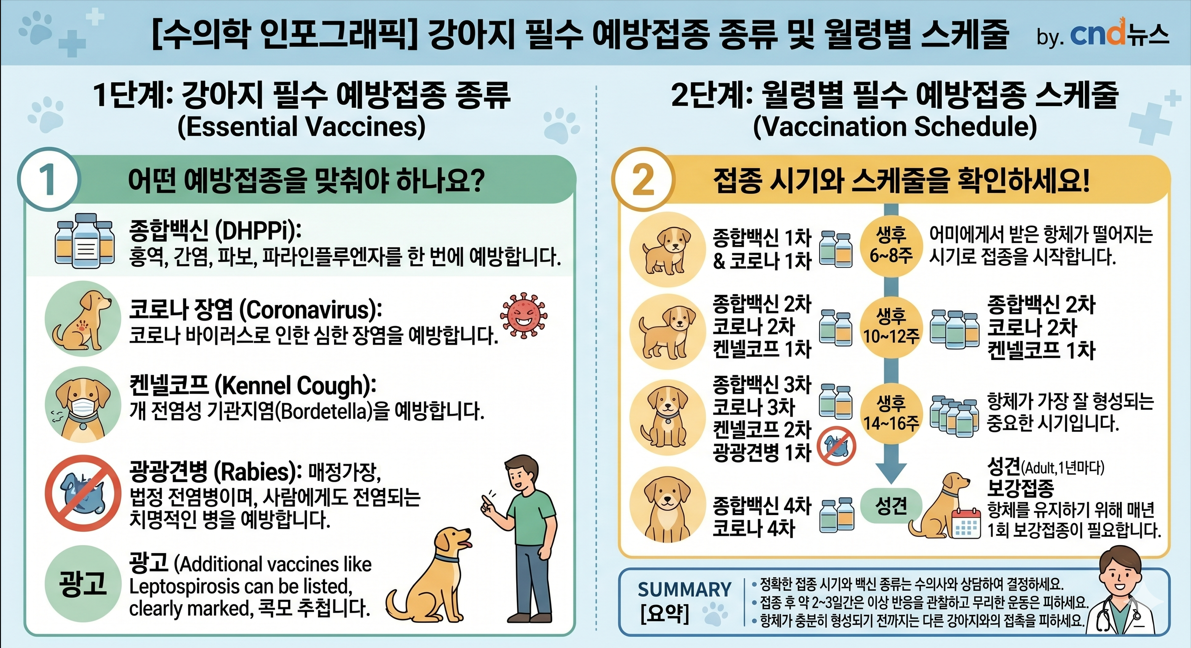 강아지 예방접종 종류와 월령별 접종 스케줄을 설명하는 수의학 인포그래픽